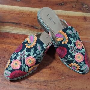 Indigo Women's Floral Embroidered Mules - Black and Multicolor